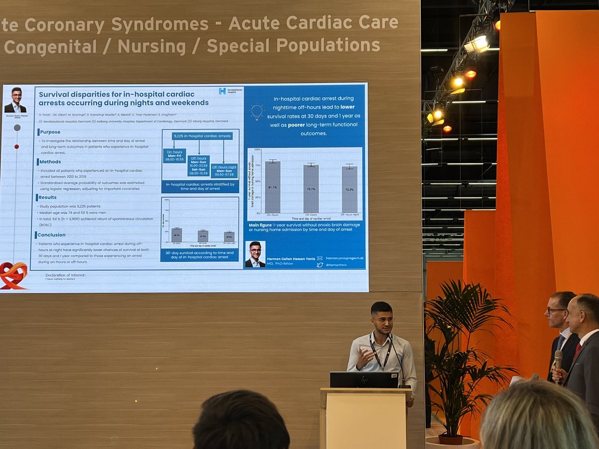 cardio_dk's tweet photo. 🚨Patienter som får hjertestop på hospitalet i weekenden om natten har lavere overlevelsesrate end andre in-hospital hjertestopspatienter 🏥🫀
En flot og veludført præsentation til #ESCCongress af læge og phd-studerende @HarmanYonis fra @nordsjaelhosp!  
#DCS_ESC23 https://t.co/lgLYBYsxFd