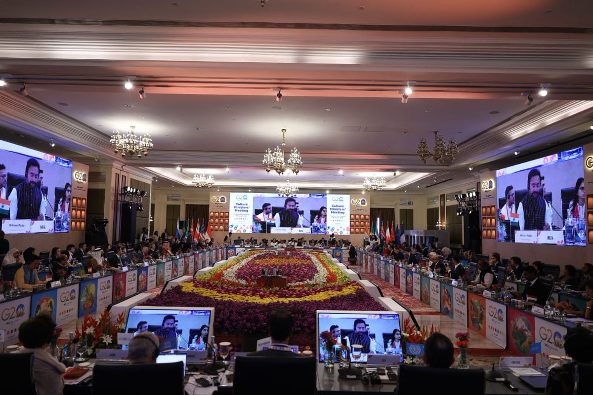 kishanreddybjp's tweet photo. At the #G20 Cultural Ministers' Meeting in Varanasi, Uttar Pradesh. 

Highlighted the journey of #G20India #CWG, from identifying &amp; deliberating the four priorities to advance towards the action-oriented outcomes to place culture at the heart of global policy-making. https://t.co/Xzymc1KMxd