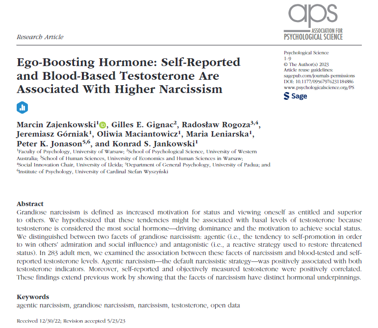 Yapılan çalışmada, kandaki testosteron seviyesi daha yüksek olan erkekler daha narsist çıkmış.