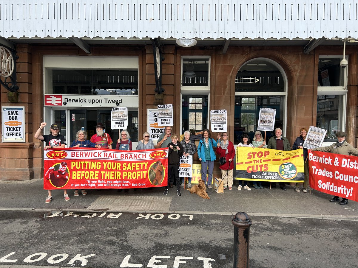 RMTunion's tweet photo. There is great support from the community in Berwick today, where RMT members are taking strike action to defend our railway.
#StaffOurStations #SaveTicketOffices #KeepTheGuardOnTheTrain
#RailStrikes https://t.co/f8OIJ2OxXC