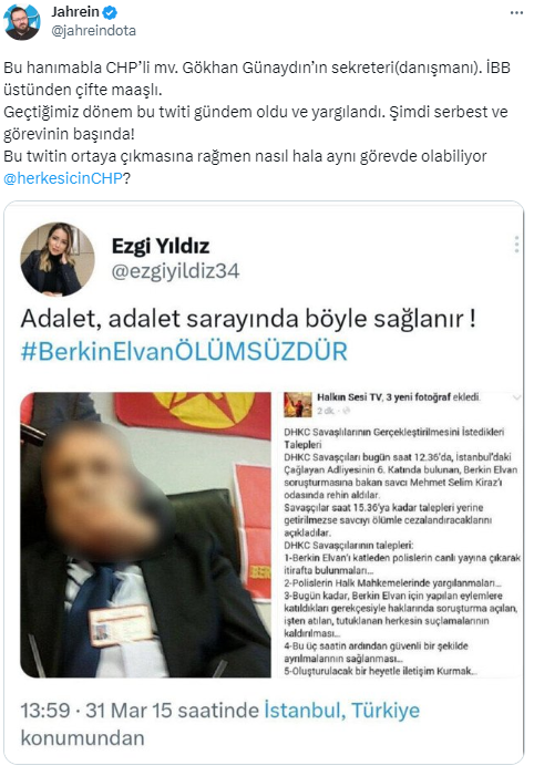 Jahrein lakaplı sosyal medya fenomeni Ahmet Sonuç, Şehit Savcı Mehmet Selim Kiraz'ın fotoğrafını 'Adalet böyle sağlanır' açıklaması sebebiyle tutuklanan paylaşan CHP PM üyesi ve İBB çalışanı Eda Ezgi Yıldız'ın serbest kalarak görevine devam ettiğini söyledi.