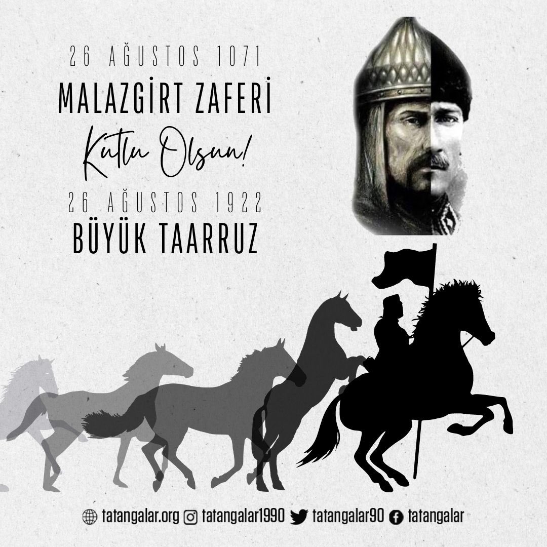 Tatangalar90's tweet photo. 26 Ağustos Malazgirt savaşı ile Anadolu kapılarını Türklere açan Sultan Alparslan ve 26 Ağustos 1922 tarihinde Büyük Taarruz’u başlatan Gazi Mustafa Kemal’i saygı, sevgi ve minnetle yâd ediyor;

Vatan toprakları uğruna canını siper eden aziz şehitlerimizi ve gazilerimizi saygıyla anıyoruz. 🇹🇷🇹🇷

TATANGALAR