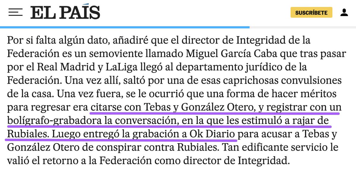 PabloEchenique's tweet photo. Ojo a lo que publica nada menos que Alfredo Relaño —Director de AS hasta 2019—, nada menos que en @el_pais, sobre la mafia de la RFEF. ➡️ https://t.co/AFlfZuAfa5

La cantidad de cosas que vamos a conocer ahora gracias al pie en pared de las mujeres valientes de la @SEFutbol. https://t.co/oGRvrJo31H