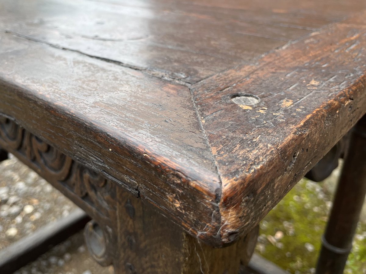 Early Oak table , unfortunately been left under a tree , left the surface to go green , I’m shore it didn’t look like this when it was retailed by Oxford street dealer