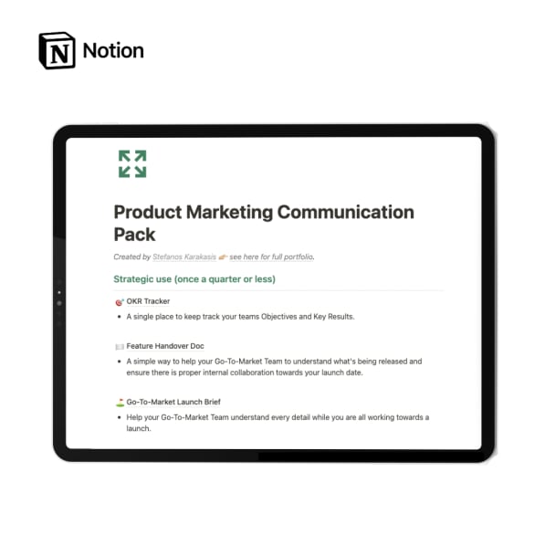 Product Marketing Communication Pack
<a href="/NotionHQ/">Notion</a> 

Enhance communication, showcase your worth, and foster collaboration with these 12 readily available Notion templates. 🚀 

👤 <a href="/skarakasis/">Stefanos Karakasis</a> 

🔗 ow.ly/G7UM50PCbxM

#Productivity #NotionTemplates #notion