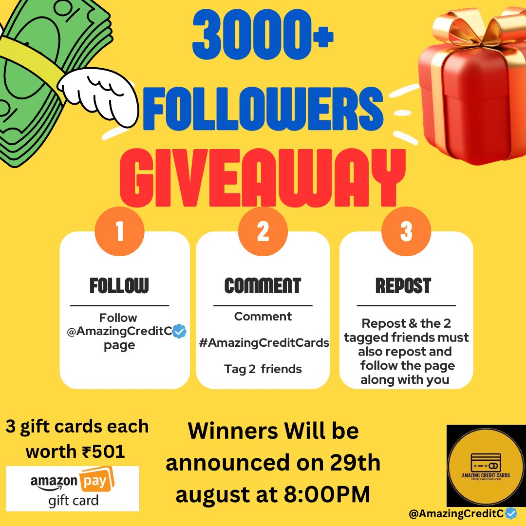AmazingCreditC's tweet photo. ๐ฃGiveaway time ๐
๐๐ฅThank you everyone for 3000+ followers
Giving away 3 Amazon Pay vouchers worth โน501 each to 3 winners๐ฅ
๐Rules:
1: Tag 2 people in the comments along with the hashtag #AmazingCreditCards
2: Follow the page and the tagged
accounts must be following too.
3: Like and repost this , also the tagged accounts must do it too.
Giveaway ends on 29th august at 8:00 PM.
All the best โจ
Visit the @AmazingCreditC website and apply for life time credit cards of your choice ๐
๐Visit: https://t.co/tISY61WuYi