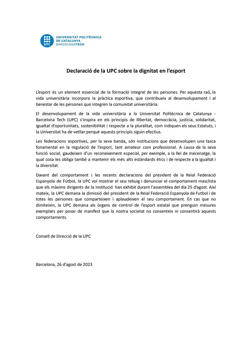 Davant del comportament i les declaracions del president de la Reial Federació Espanyola de Fútbol, el Consell de Direcció de la #UPC ha fet pública una declaració per denunciar els comportaments masclistes al món de l'esport i demanar responsabilitats.
#stopmasclisme
