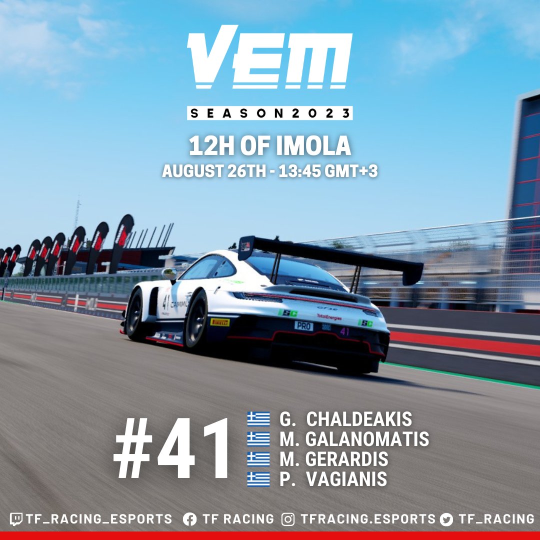 TF_Racing's tweet photo. 🇬🇧 RACEDAY!  In just an hours' time, we are starting from P10 on the 6th race of the Virtual Endurance Masters at the legendary Imola circuit.  
Live at 13:45 GMT+3 - https://t.co/qbqwNmiUSn - Be there! 
#beACC #simracing #esports #ACC #AssettoCorsaCompetizione #cammus #VEM #LFM https://t.co/jlR1yTyqTI
