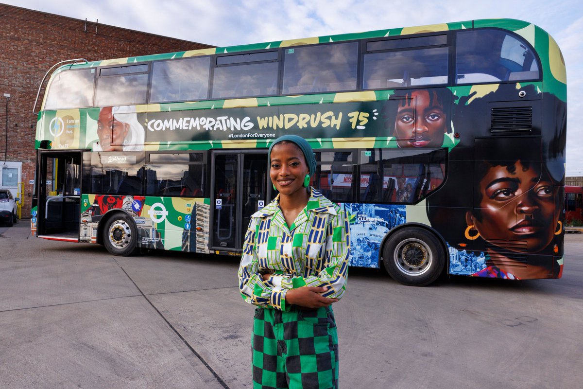 MayorofLondon's tweet photo. This year’s Notting Hill Carnival marks the 75th anniversary of the arrival of HMT Empire Windrush.
I’m delighted that this beautifully designed @TfL bus will tell the powerful story of the Windrush generation and their impact on carnival, the transport network and our city. https://t.co/xtyGV7FXnp