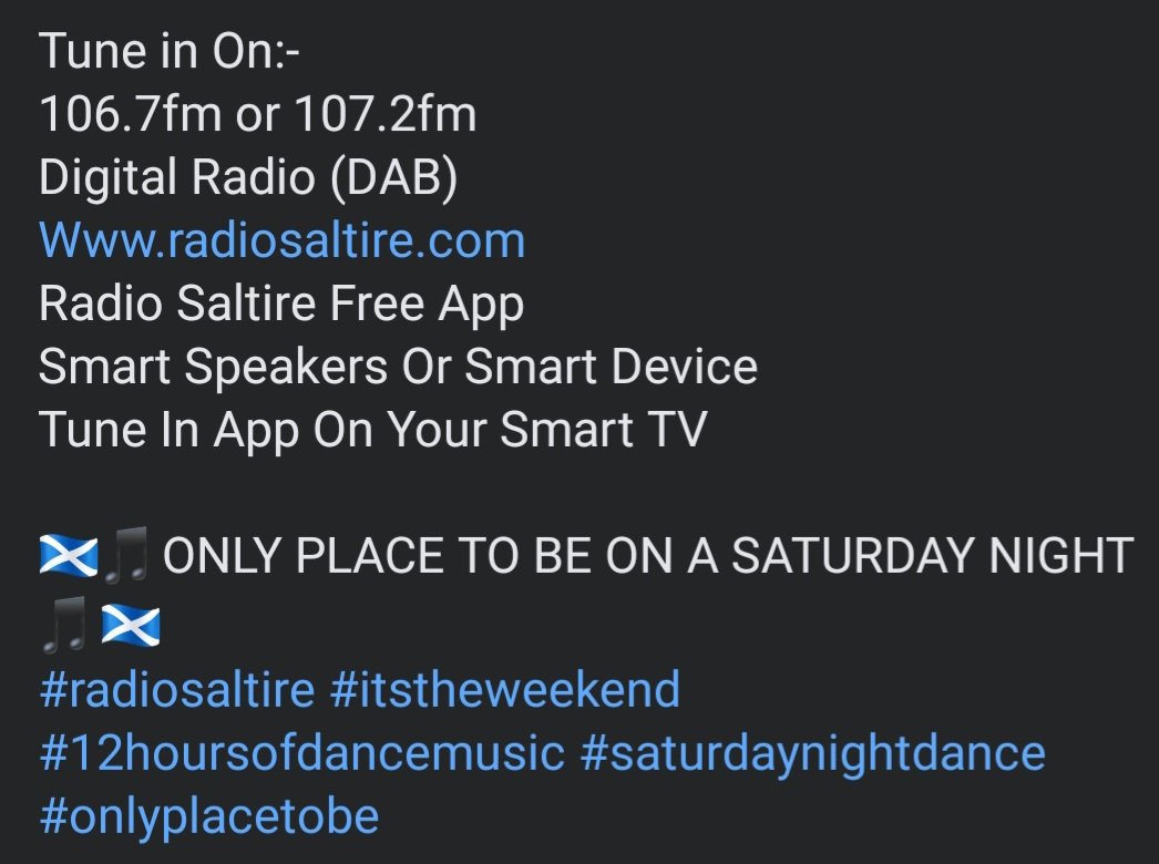 🏴󠁧󠁢󠁳󠁣󠁴󠁿🎵Saturday Dance Sounds On Radio Saltire 🎵🏴󠁧󠁢󠁳󠁣󠁴󠁿

5pm - House Nation with Craig Adams
8pm - Bac2Basics Oldskool with John Geddes &amp; guest DJ Wacky
11pm - Bonus Beats with DJs Venom &amp; Cameron McLoed
1am - Bounce It Up With Jamie B
3am - Long Live House with Graeme Park
