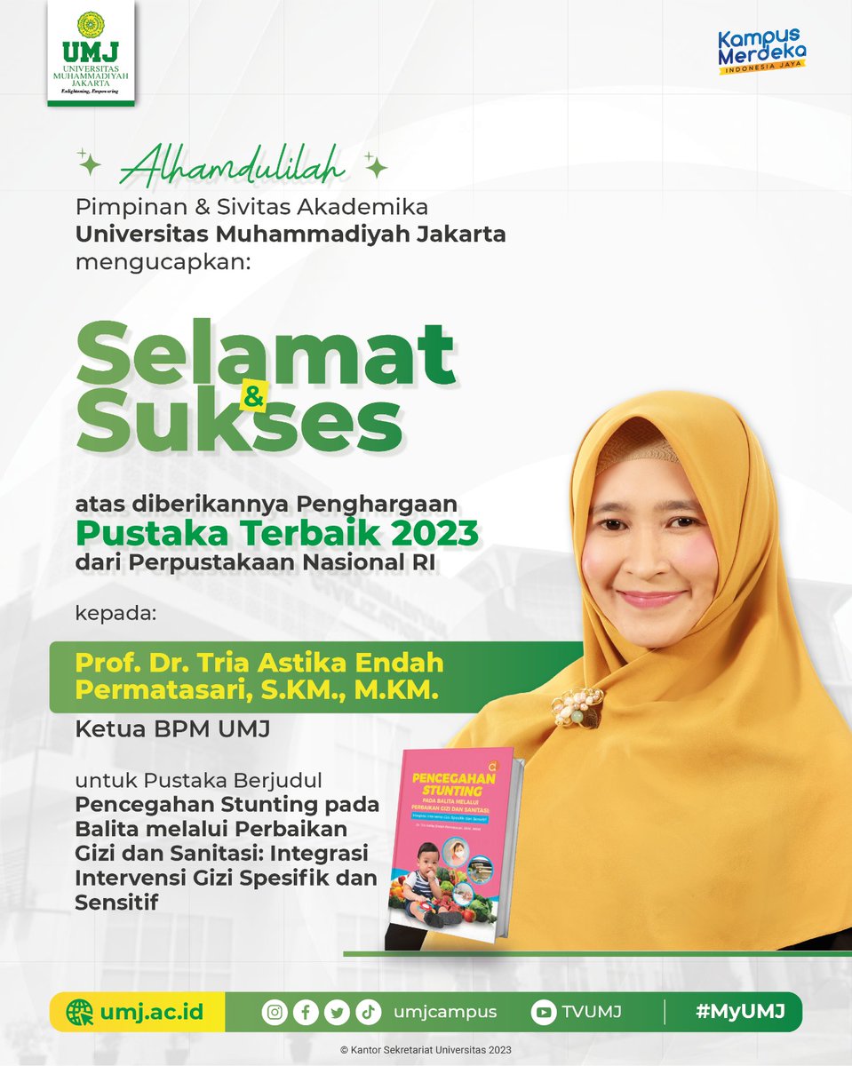 #infoumj
.
Pimpinan dan segenap sivitas akademika Universitas Muhammadiyah Jakarta Mengucapkan Selamat dan Sukses kepada Prof. Dr. Tria Astika Endah Permatasari, SKM., MKM.  atas Penghargaan Pustaka Terbaik 2023 dari Perpustakaan Nasional RI
.
#umjunggul #kuliahdiumj #MyUMJ