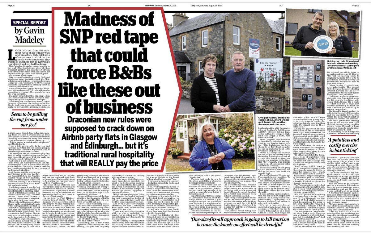 In Kingussie alone - a wee Highland village - four guest houses have already pulled the plug, with a fifth about to follow suit. The effect on local pubs, restaurants,  cafes, shops and tourist attractions will be devastating.  

The SNP & Greens are destroying Scotland …