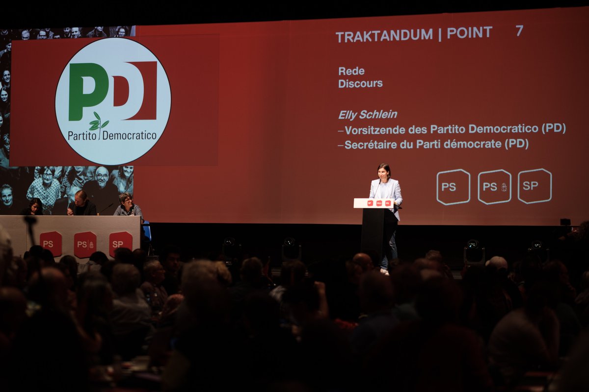 spschweiz's tweet photo. Wir begrüssen herzlich Elly Schlein, Vorsitzende des Partito Democratico @pdnetwork am #ParteitagSP. Der Einsatz von @ellyesse in Italien gibt uns Hoffnung auf eine solidarische und feministische Zukunft. 🌹 https://t.co/CTvtlKm6GJ
