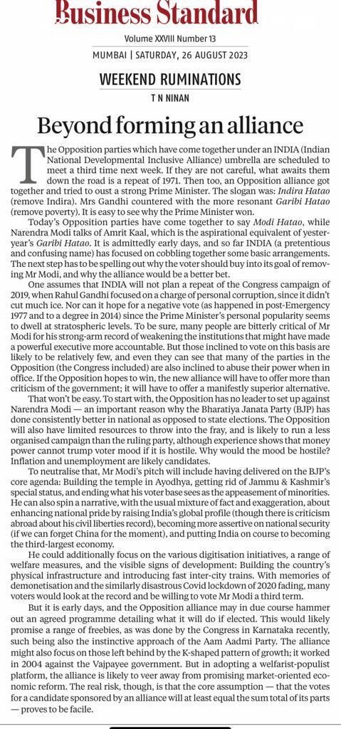 TamalBandyo's tweet photo. If Opposition hopes to win, alliance will have to offer more than criticism of the Govt. Must offer a superior alternative. That won’t be easy. Opposition has no leader to set up against Narendra Modi. TN Ninan’s #WeeklyRuminations in @bsindia https://t.co/AWqWEzU9DQ