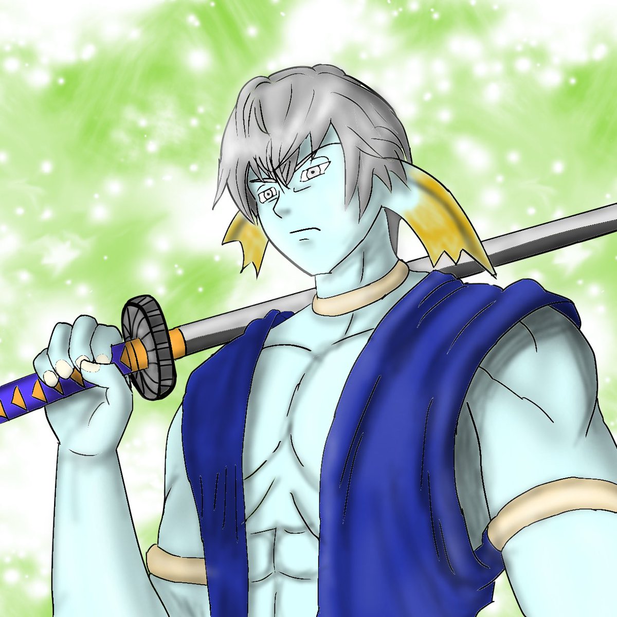 latte_dq10's tweet photo. ヤタロウ君をモデルに描いてみたよん@DQXyataro_ 
魚男君の片手剣を肩のところでポンポンしてるのカッコ良いよね？（そう思ってるのは私だけなのかな？）
腹筋ラブ❤️

＃らての落書き帳 https://t.co/hBCsvMdbar