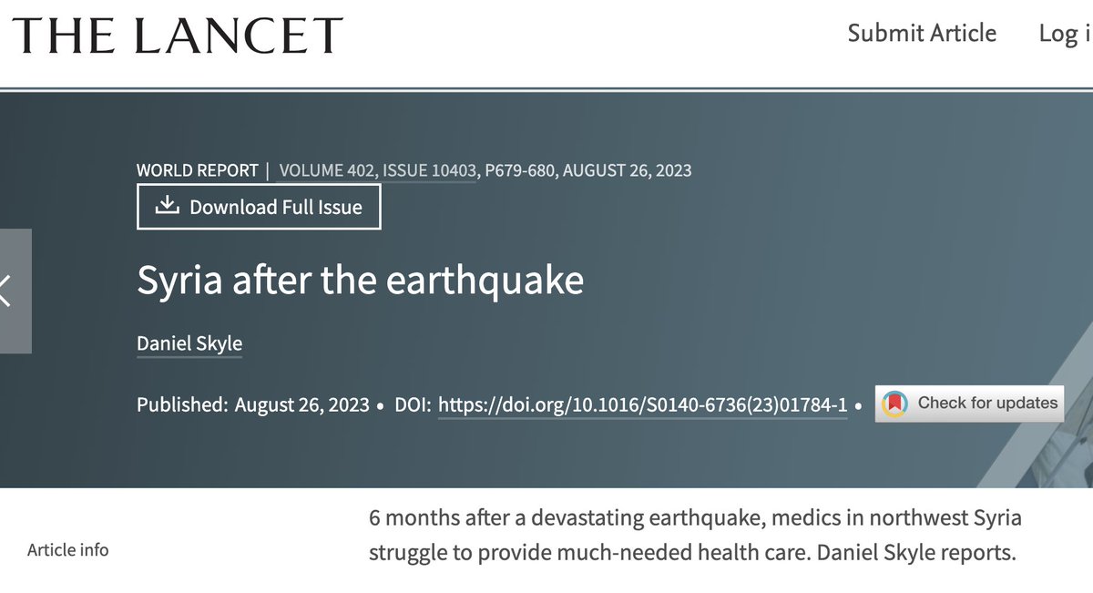 HealthSyria's tweet photo. @AlkhalilMunzer of @HealthSyria is quoted in this key piece about the #earthquake in #Syria & impacts:
For the 1st time @TheLancet has co-published #Arabic translation alongside
With @sams_usa @P4HR @MSF_uk @MSF @IdlibD @SyriaCivilDef @DanielSkyle
https://t.co/Fesu3R6Mem https://t.co/ICmpA8kFHe