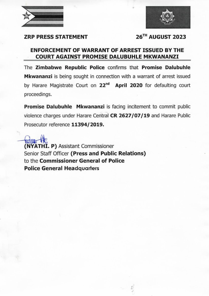 New CCC spokesman Promise Mkhwananzi up for arrest over failure to appear in 2020. #ZimbabweElections2023 

<a href="/CCCZimbabwe/">Citizens' Coalition for Change</a>