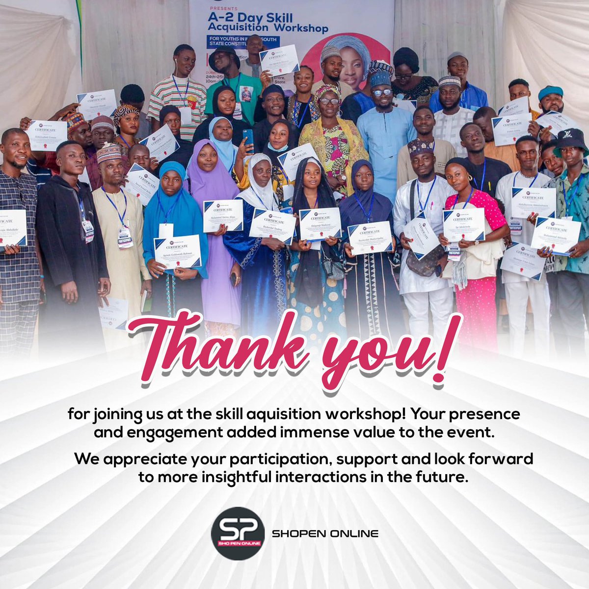 SHOPEN_ONLINE's tweet photo. A heartfelt thank you to all the amazing participants and dedicated facilitators who made our 2-day Skill Acquisition Workshop organized in partnership with Deputy Whip KWHA and Member Representing Ilorin South State Constituency a huge success! 

#ShoPenWorkshop https://t.co/SvDPY67jns