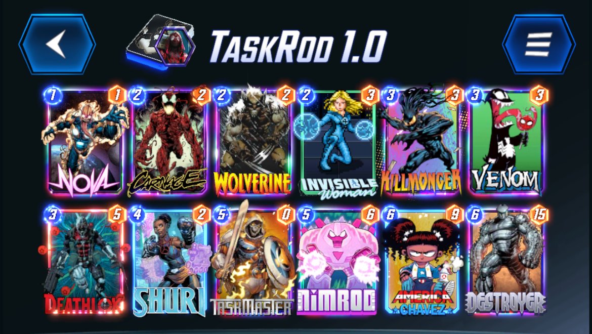 RodideBoer's tweet photo. @snapjudgecast @MARVELSNAP @MarvelSnapZone I also played a couple other decks; most only for a few games. Two I played more of, but did not perform as well as the two above.
TaskRod was fun, but Invisable Woman and Taskmaster was just a gimmick. Iron Rod was much much better.
Good to try a different ramp too for a change. https://t.co/Ym25kpFoQe