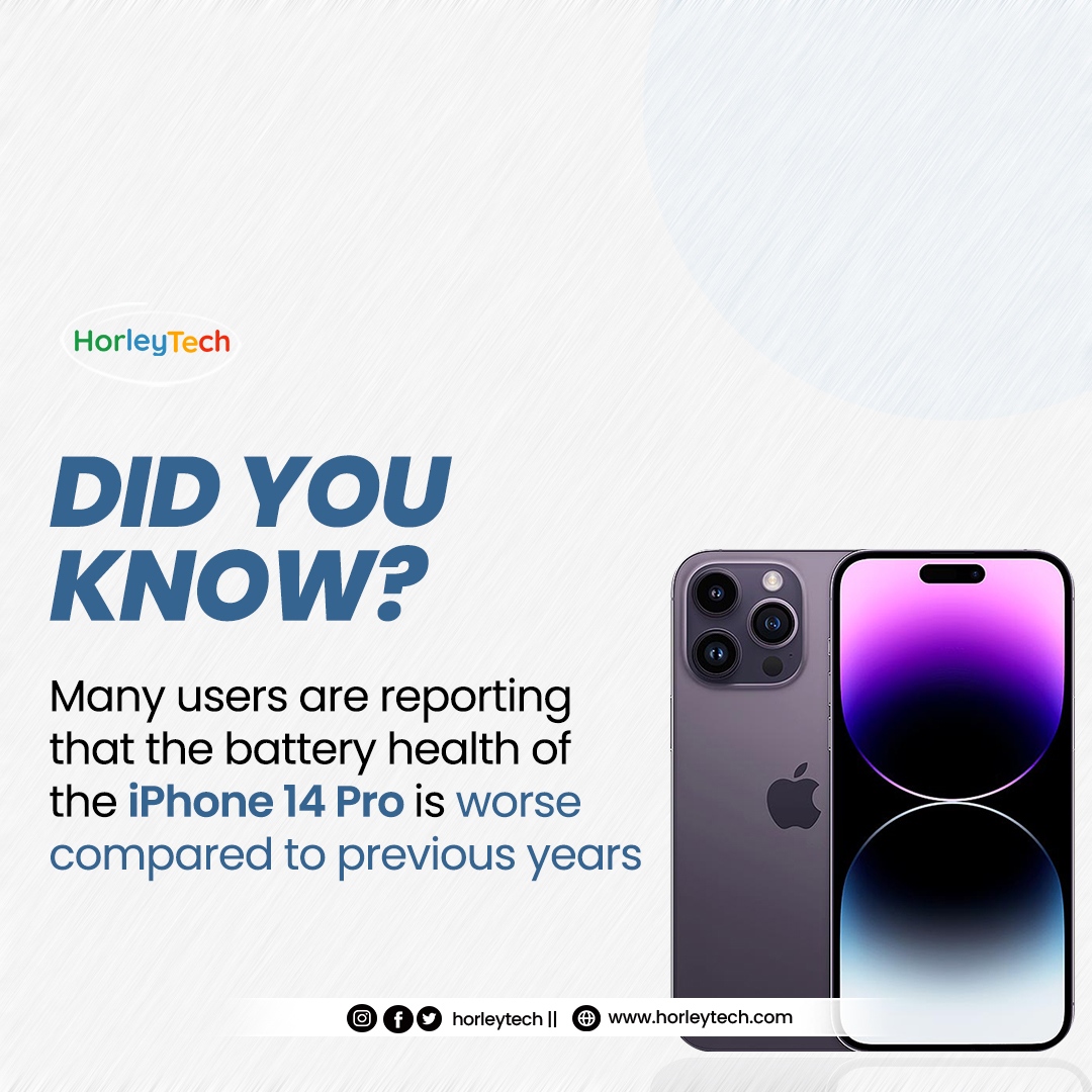 horleytech's tweet photo. Did you hear the latest? Reports are pouring in, and it seems that the iPhone 14 Pro is facing battery health challenges. Users are noticing a decline in the battery health, a change from the norm.  Have you noticed it too? 

#iPhone14ProIssues #BatteryConcerns #horleytech https://t.co/fPIP5qJzHY