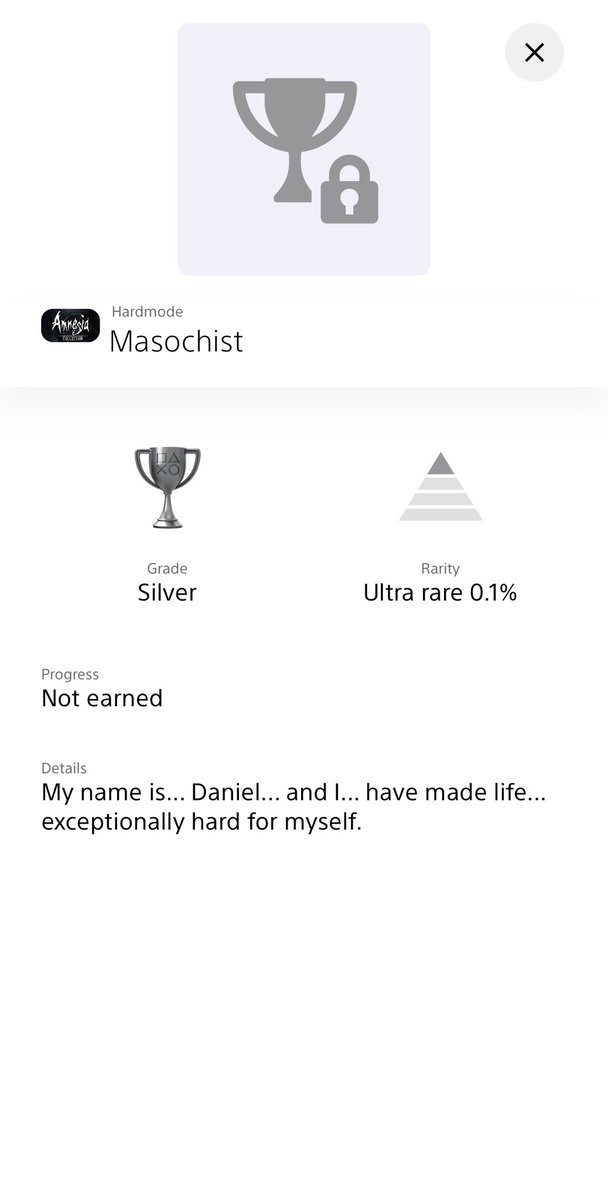 Alan96116234's tweet photo. Except for some boring farming trophies, it might be the hardest to hunt that I ever know.
I know the statement is mystery but the fact is that needs complete Amnesia The Dark Decent with hard mode.
Saving game needs tinderbox and if the sanity is not enough,
#AmnesiaCollection https://t.co/i4hCJER3pk