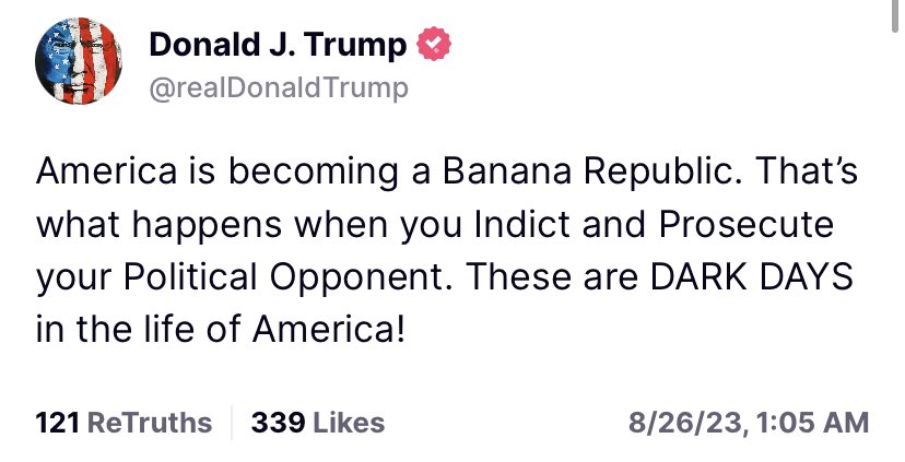 DesireeAmerica4's tweet photo. Trump has every right to be pissed and so does every American that bleeds Red, White, Blue! 

Do you understand we are being prosecuted for wanting to take care of our, veterans, elderly, and provide jobs in America for the middle class, don't forget giving our children a better future 🔥
 
 banana republic is a country with an economy of state capitalism, whereby the country is operated as a private commercial enterprise for the exclusive profit of the ruling class.