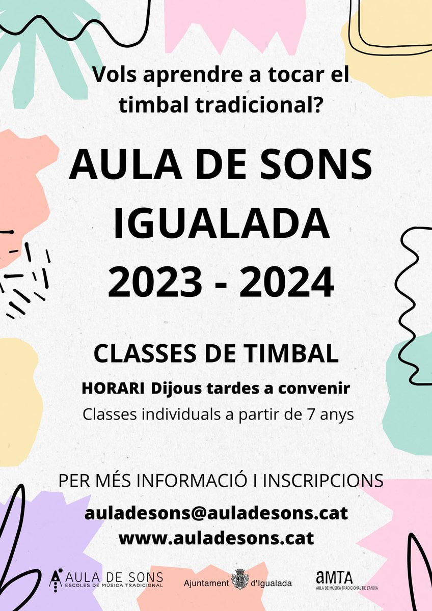 Ja saps que l’ <a href="/AuladeSons/">Aula de Sons</a> organitza classes de timbal tradicional a Igualada?

Doncs no badis!! 

Inscripcions obertes a partir del 4 de setembre!