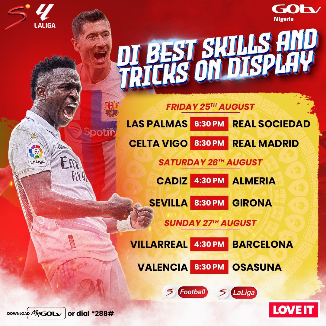 IbkSports's tweet photo. The Spanish Laliga fans are not left behind as Gotv will show the games live this season.

Are you for Barcelona or against Real Madrid this weekend? Let me know who you support in Spain.😁

Make sure you upgrade to #GOtvSupaPlus to enjoy all the games in live action! https://t.co/Zy1wzW07e7
