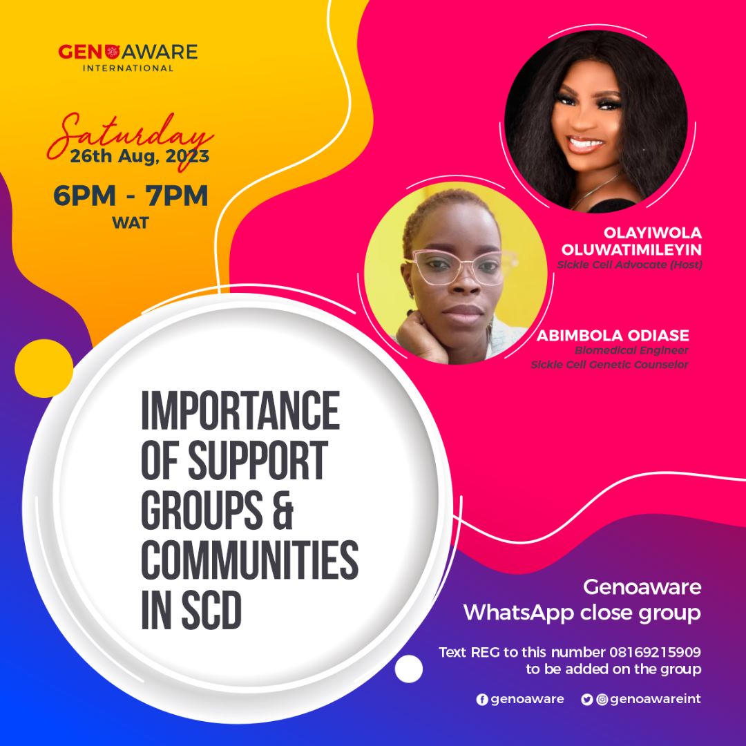 genoawareint's tweet photo. Good morning๐ How are you today?
Remember our discussion on IMPORTANCE OF SUPPORT GROUPS & COMMUNITIES IN SCD? Yeah, that's today, so join us at 6pm on our whatsapp group, kindly help retweet too๐๐ผ
See you there!
#fightingscd #genoaware https://t.co/kGfmb7JMQd