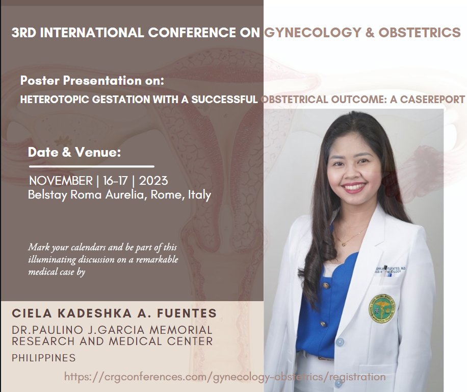 LeesaTa48078552's tweet photo. Heterotopic Gestation with a Successful Obstetrical Outcome: A Case Report by Ciela Kadeshka A. Fuentes
🗓️ Date: 16&amp;17 November 2023
🏢 Venue: Belstay Roma Aurelia, Rome, Italy
Register now to secure your spot  https://t.co/oCriVdWhHI
#GynecologyConference
#ObstetricsEvent https://t.co/oBBpcV3nmj