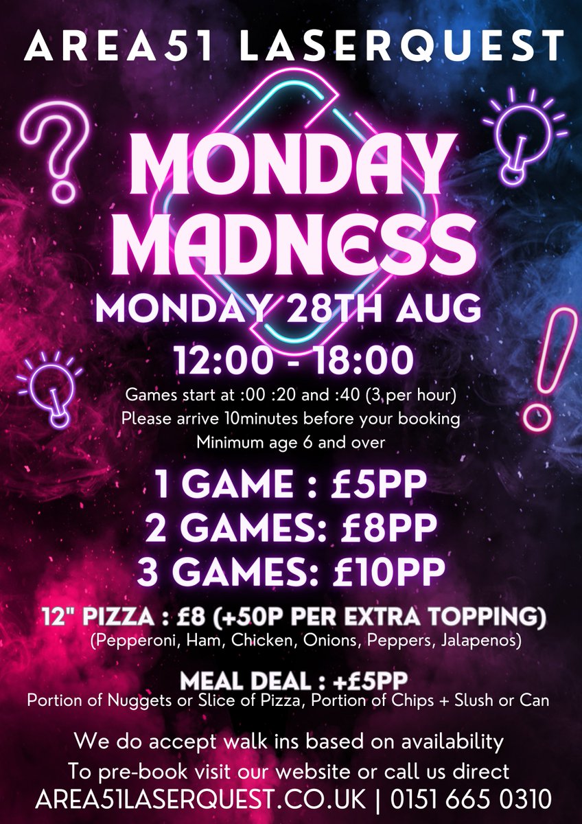 Looking for something to do this Monday?
Well stop looking!
Minimum age 6+, No maximum age 
lqliverpool.bookmyparty.co.uk/book/268/booki…
Or call us on 0151 665 0310

#liverpool #bankholiday #thingstodoliverpool #lasertag #laserquest #Familyfun #dayout #kidsactivities