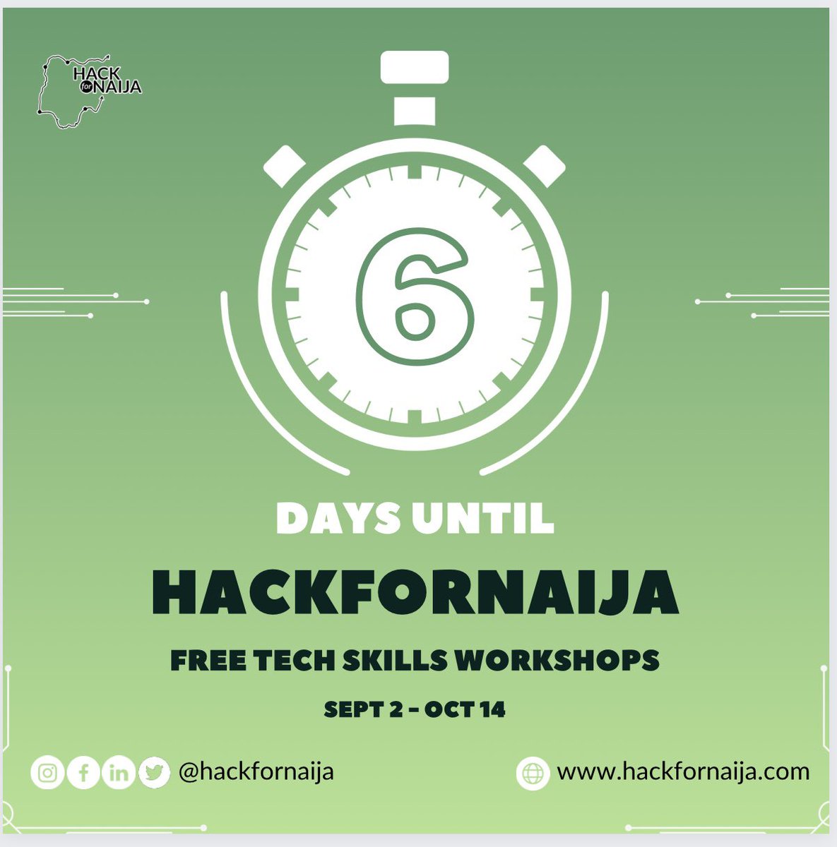 hackfornaija's tweet photo. The countdown continues ⏰

*6 Days to go!*
HackforNaija Free Tech Skills Workshops
Sept 2 - Oct 14

Our amazing volunteer facilitators will be taking sessions on a wide range of tech specializations! Keep following for updates!

#hackfornaija
#Techskills
#hack4naija
#techcareer https://t.co/qJcGLSvHNC