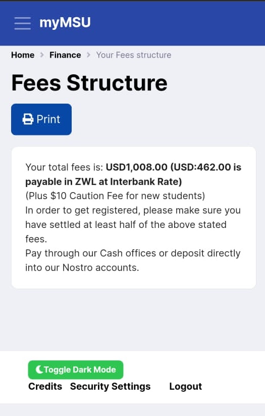 mukwerekwere's tweet photo. They have updated on the @MidlandsState portal, hanzi about 45% of the fees can be paid in RTGS at InterBank rate, asi it doesn't change the fact that it's still too much.
#FeesMustFall #ZimDecides2023 #ElectionsZW https://t.co/X8G4Pc9Xwf