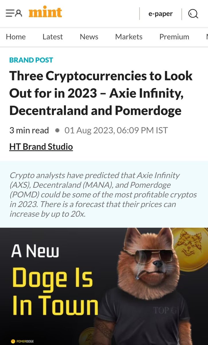 Invest in these 3 CRYPTOs for 20x returns in 2023. SOURCE: A brand promotiono of Pomerdoge done by @mint and not a #finfluencer The same media wouldn't spare finfluencers if they did this. This is the height of this Media's Hypocrisy. (1/n..)