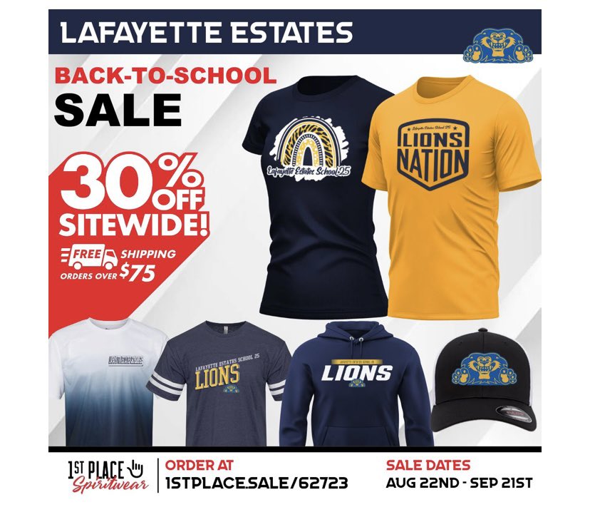 We are offering a limited-time savings of 30% sitewide! In addition, all orders over $75 will receive free shipping. 

1stplacespiritwear.com/schools/NJ/For…