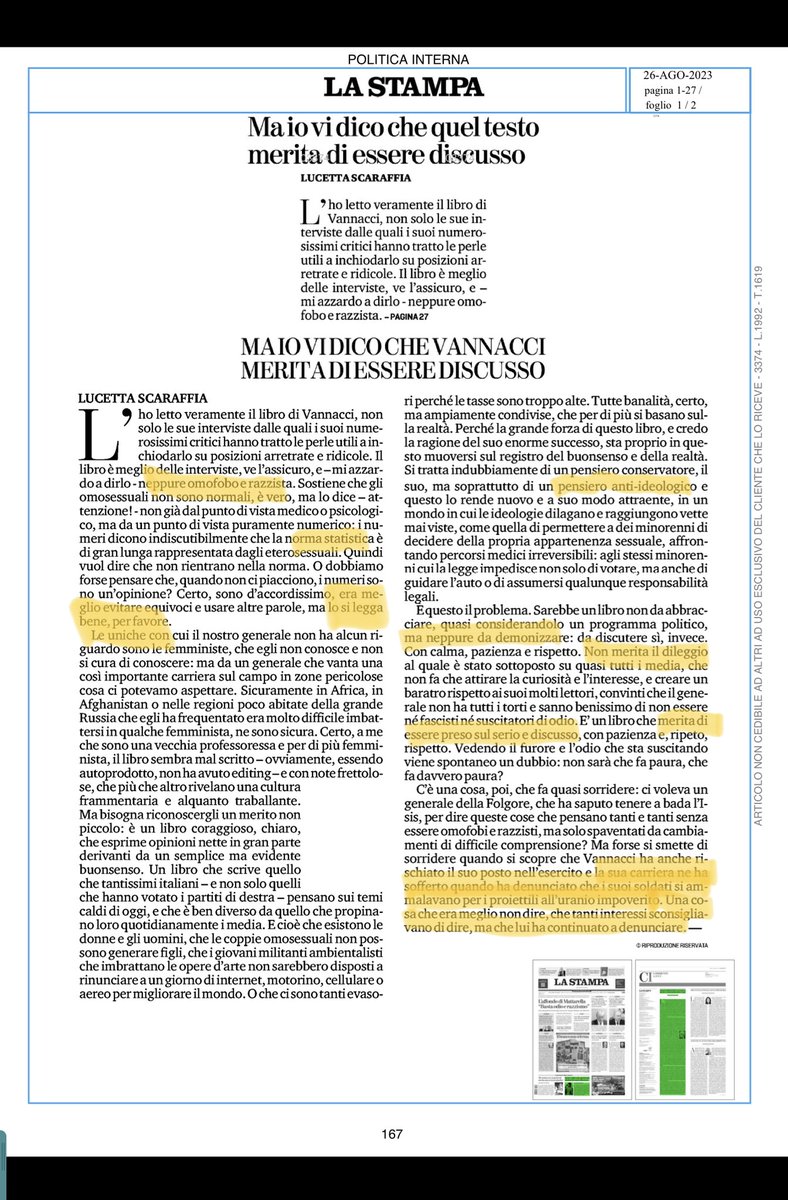 Coraggiosa la posizione di <a href="/LuceScaraffia/">Lucetta Scaraffia</a> a proosito del libro #ilmondoalcontrario di #Vannacci tenuto conto che è stata scritta su #lastampa, direi doppiamente coraggiosa