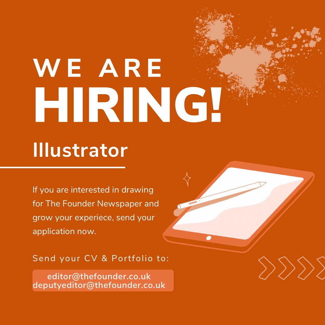 rhulfounder's tweet photo. The Founder newspaper is now hiring an illustrator for 2023-2024 🎨. If you are interested in joining our team email your portofolio and CV to:

Editor@thefounder.co.uk
Deputyeditor@thefounder.co.uk https://t.co/qkK8f9fsqa