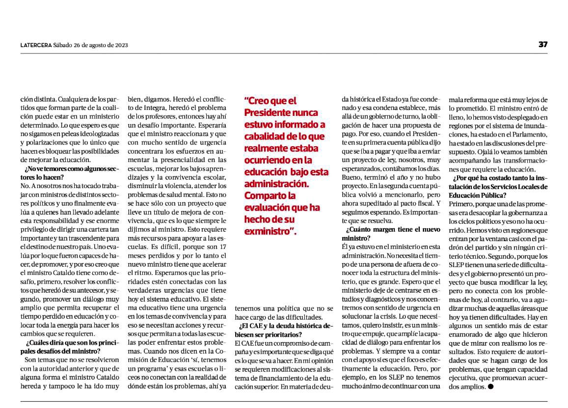Nuestra educación no es campo de experimentos ni trincheras políticas. Es tiempo de gestionar acorde a las urgencias que las comunidades educativas y sus territorios demandan. Sin esta conexión, será difícil enfrentar la crisis que nos desafía. Comparto entrevista en <a href="/latercera/">La Tercera</a>: