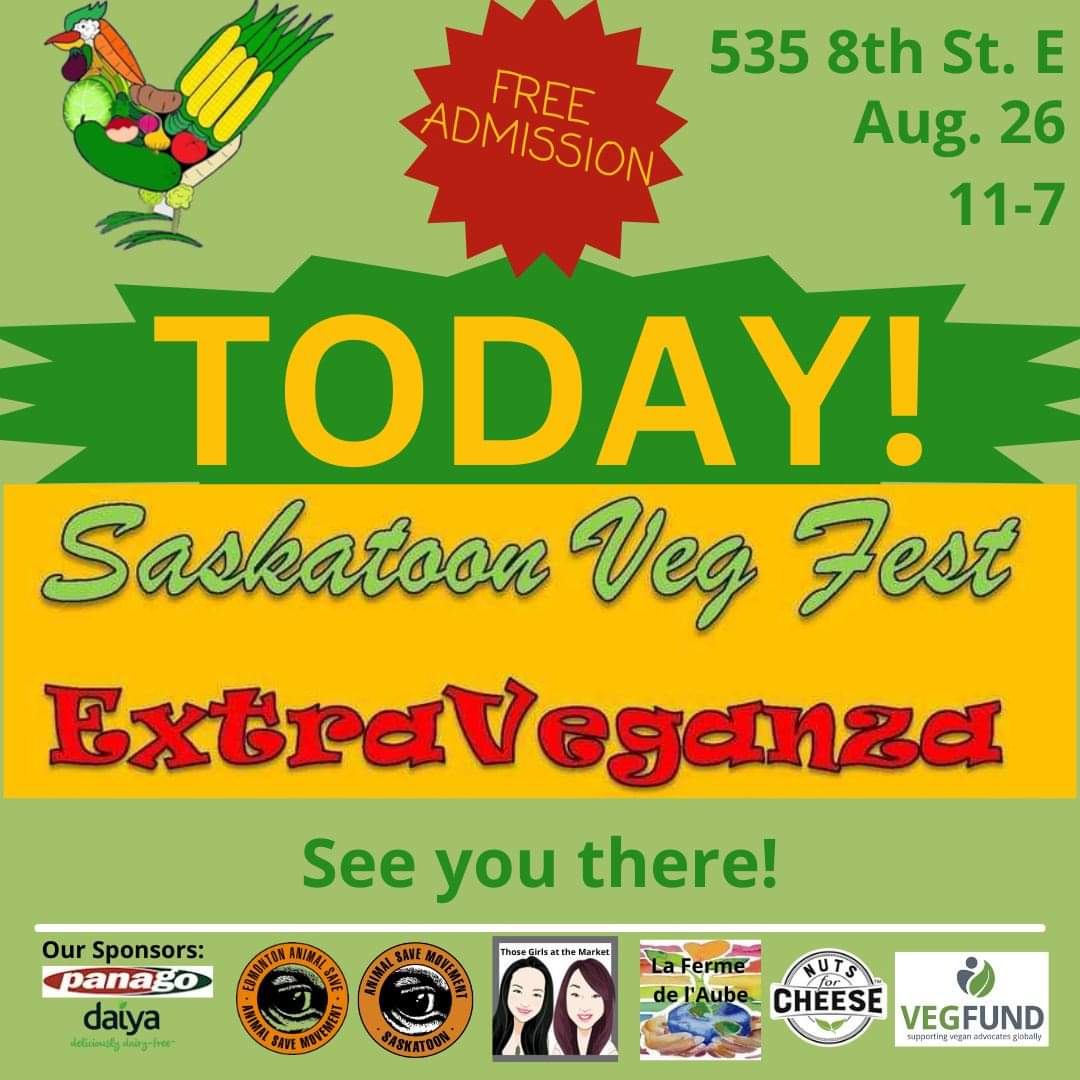 ASMSaskatoon's tweet image. Today! 3rd Annual Saskatoon VegFest ExtraVeganza.  Vendors start at 11 am. Vegan BBQ 11-1 and 5-6. Performers, speakers and a food demo will start at 2:30 pm. Enjoy delicious vegan Vietnamese food from Diane's Place and vegan baking from Maggie Muffins. Free admission.