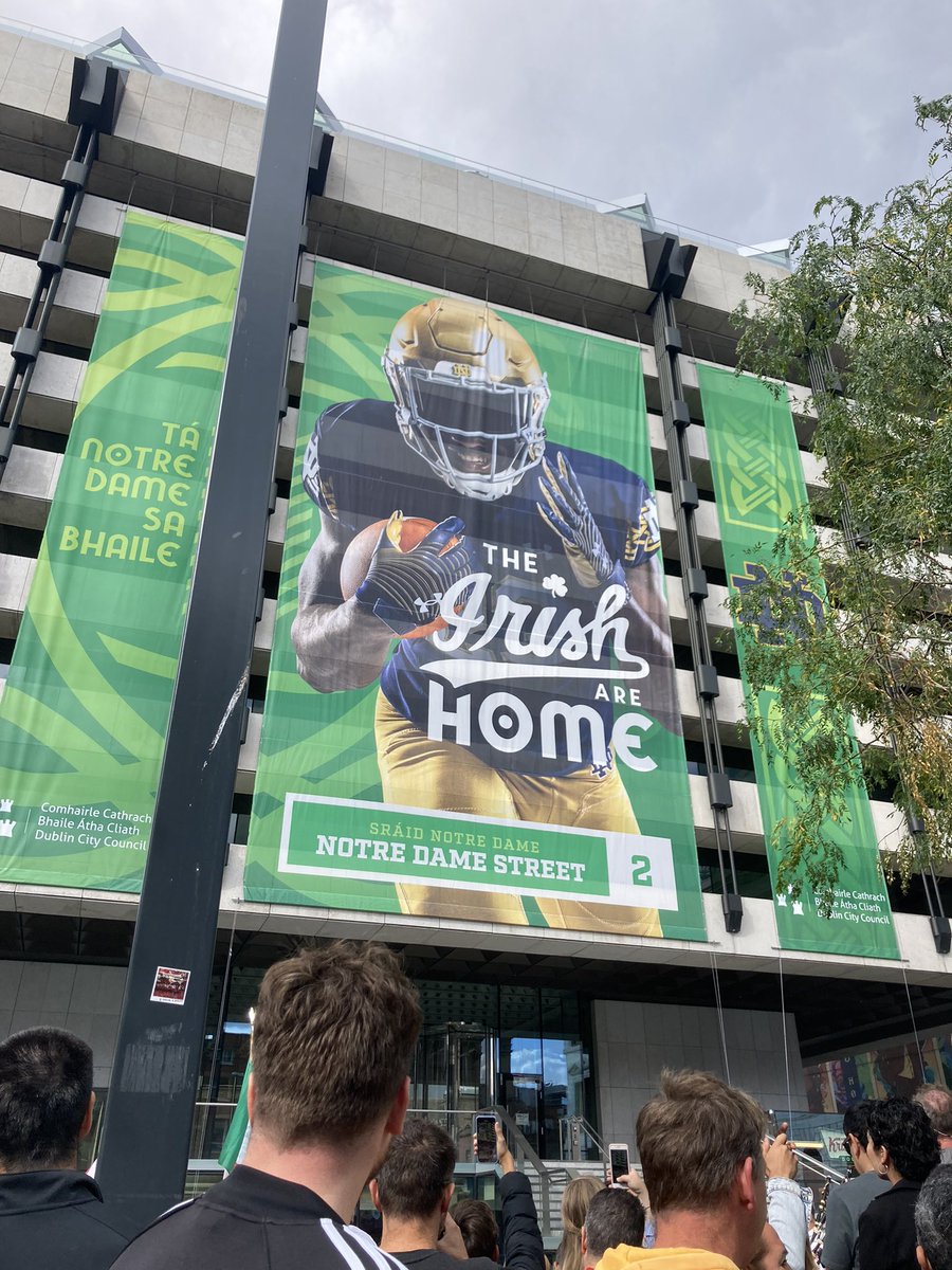 kathleen_mcn's tweet photo. Remarkable how we can put a faceless college football player across multiple massive buildings in Dublin for *one day* yet you could barely get a flag around the place for the World Cup 🤔 https://t.co/iDsLiRpCAP
