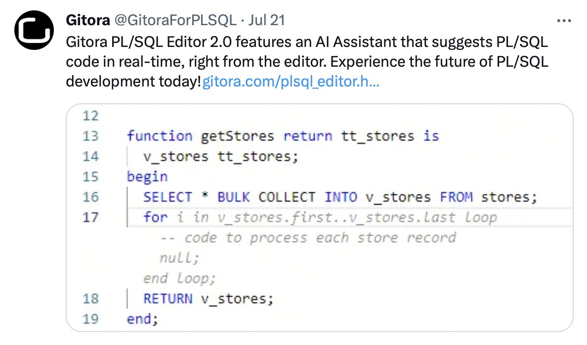 raftrevisan's tweet image. It looks like the folks from @GitoraForPLSQL are paying close attention to this AI thing! Meanwhile, I keep dreaming of having something similar in all code editors within #orclAPEX...

I haven&apos;t tried their code editor yet, but their recent posts caught my eye. Wondering if…
