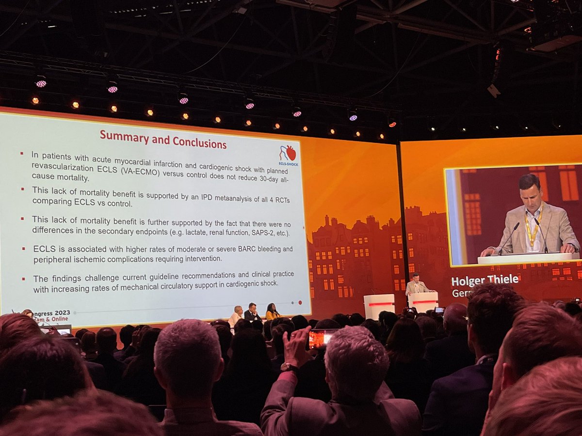 RSerpytis's tweet photo. So VA-ECMO vs. usual care for MI and cardiogenic shock does not improve mortality and ⬆️ peripheral vascular complications by 2.86 and ⬆️ bleeding by 2.44 Holger proves futher his nickname of Mr. Negative trial. 🙂#ESC2023 @thiele_holger https://t.co/gY105jZ9c3