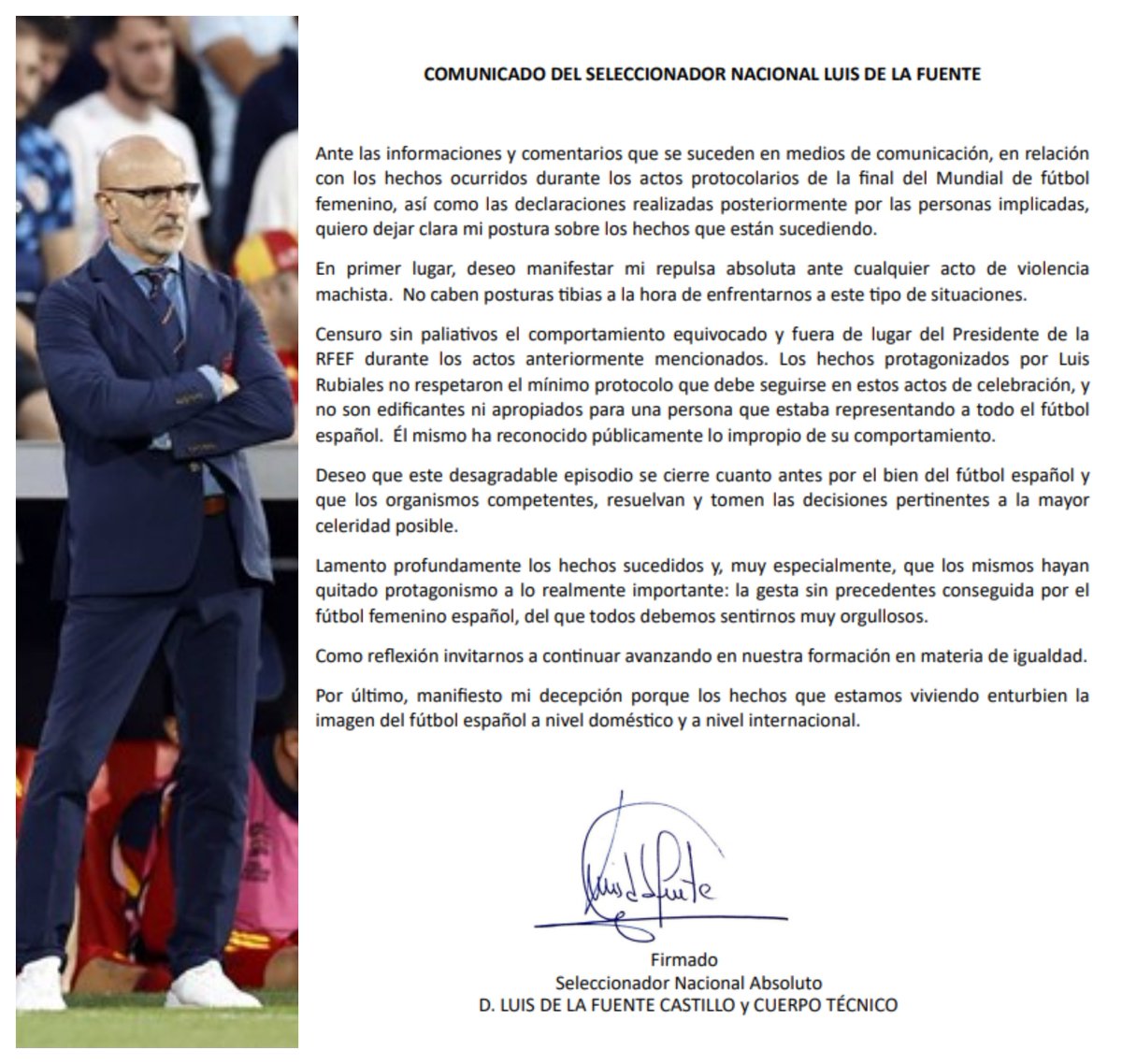 tjcope's tweet photo. 🚨 OFICIAL | COMUNICADO OFICIAL de Luis de La Fuente sobre el 'Caso Rubiales'

😠 "Censuro sin paliativos el comportamiento equivocado y fuera de lugar del presidente de la RFEF"

😰 "Lamento profundamente los hechos sucedidos y que los mismos hayan quitado protagonismo a lo importante"