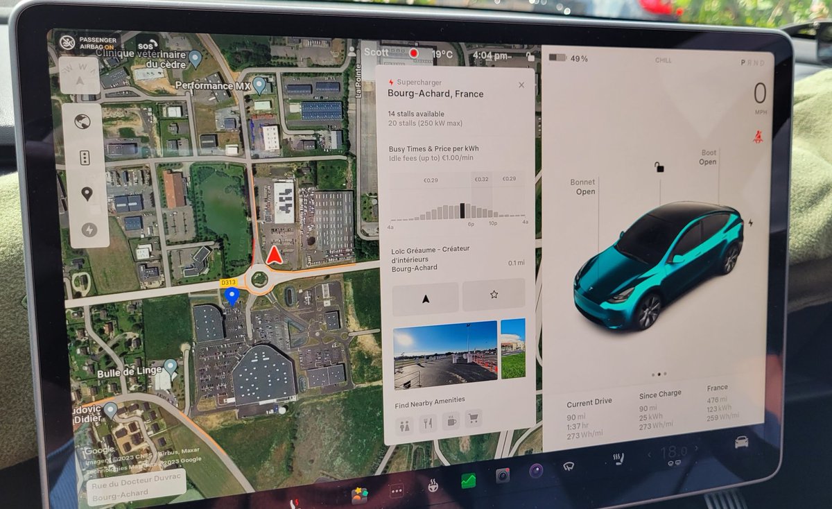 EClaire_scott's tweet photo. Arrived at destination about an hour ago. Managed to get our food shop done in @lidlfrance. Total trip here 476 miles. Averaged 259 wh/mi=3.9 mi/kwh. Really pleased with the car and only 2 charges to get here #modelyrwd #tesla #supercharging https://t.co/FGl7Avsoj4