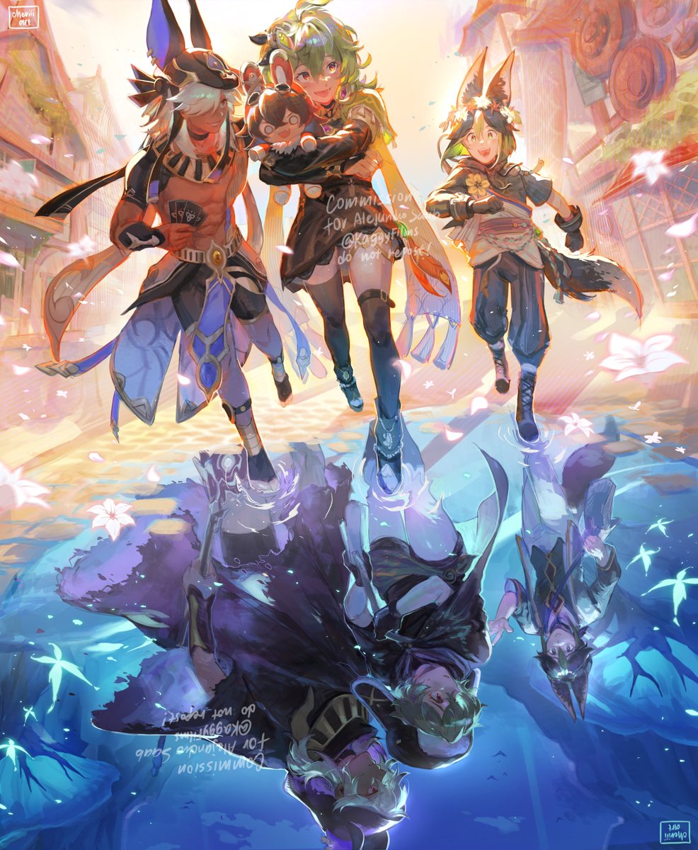 cheriiiart's tweet image. I had the wonderful opportunity to create this windblume print for @KaggyFilms !! The print is reversible and upside down it shows what happened to the sumeru family after cyno first saves collei in the manga prologue. Drawing this was such a blast, thank you for having me!! 😝