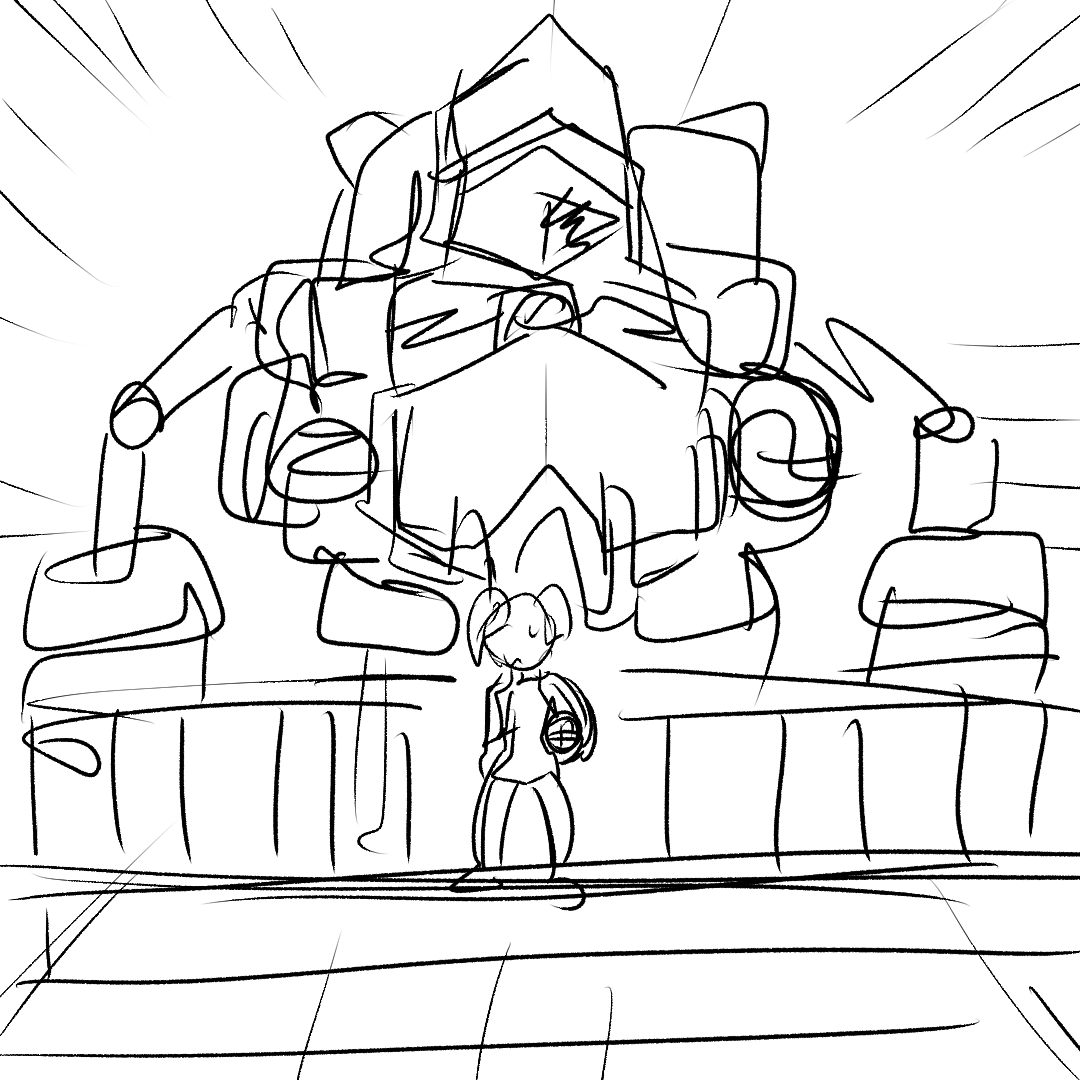 これはボツにした絵(かっこいい骨太ロボに乗れると思ったらガンメンだったメカニックちゃん) 