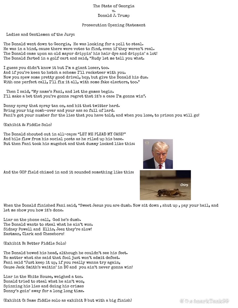 TheSnarkTank99's tweet photo. @7Veritas4 I can’t reveal my sources, but I’ve already received a leaked draft of Fani’s opening statement for Trump’s trial and it’s 🔥! https://t.co/7V2OKgmQrP