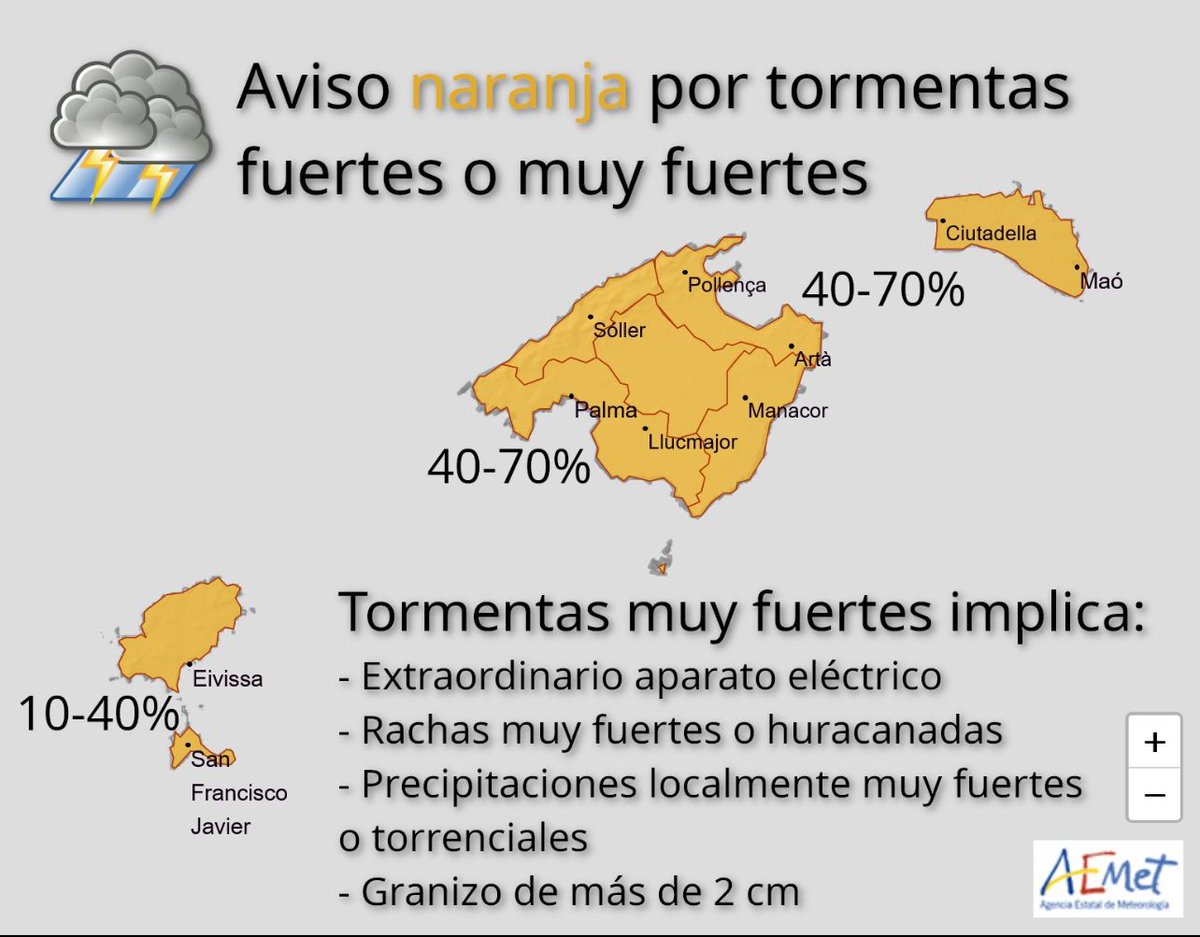 Emergencies_112's tweet photo. Atenció‼️ Canvi brusc de temps‼️ Activats IG-1 per pluges i tempestes ⛈️⚡️ en totes les illes. Atents també a fortes ratxes de vent  i a possibles mànigues marines. Molta precaució‼️🙏 @AEMET_Baleares https://t.co/CyGnZ74juq