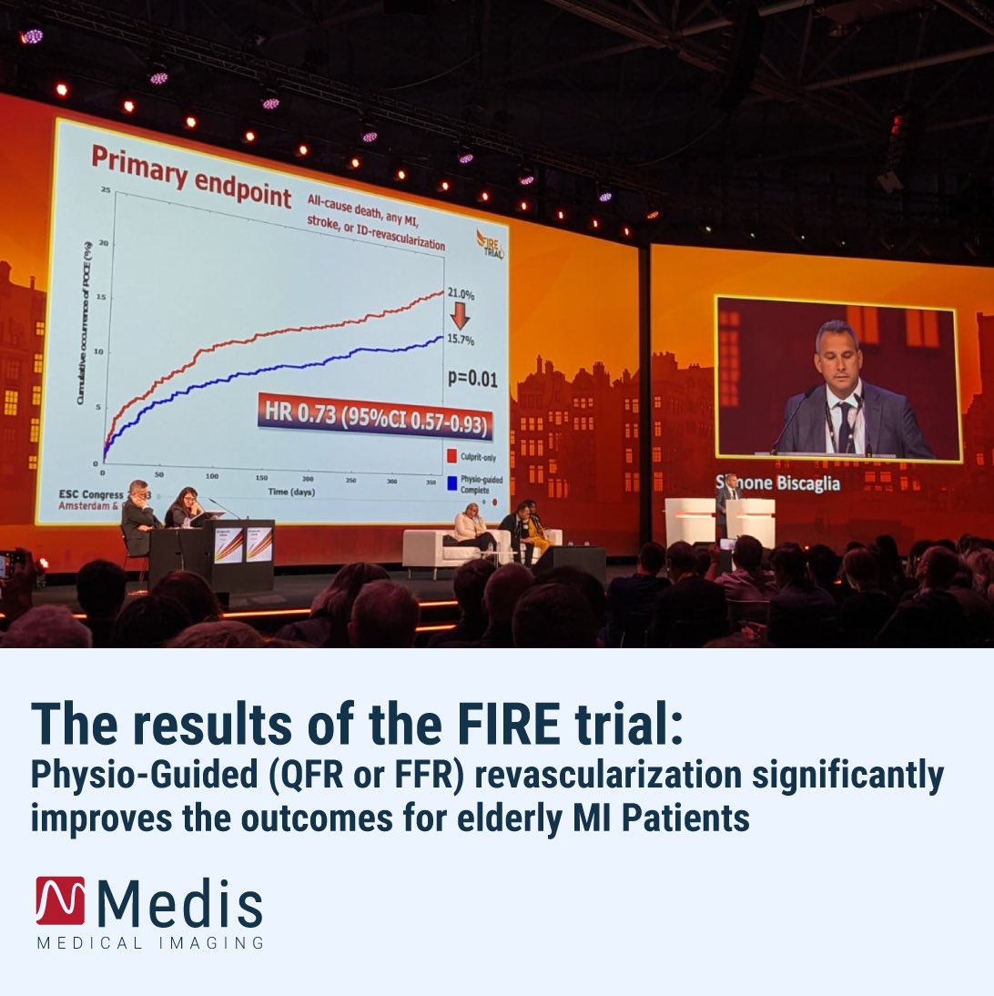 MedisImaging's tweet photo. 🔥🔥Fire trial results shows significantly better outcomes with physiology guided (QFR or FFR) full revascularization compared to cultprit  on patients >75 years old with MI. 

Congratulations to the Ferrara team.#ESC2023 @SimoneBiscaglia https://t.co/4iRxTLP2C9