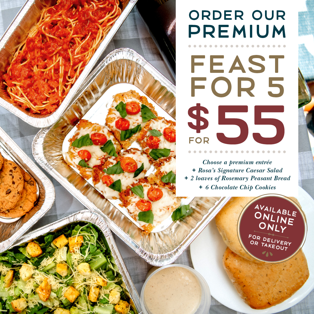 Let us do the cooking, and enjoy a feast perfect for family and friends. Order the Premium Feast for Five and choose an entrée + pasta side + caesar salad + bread + cookies for $55. Available for takeout or delivery at order.macaronigrill.com.